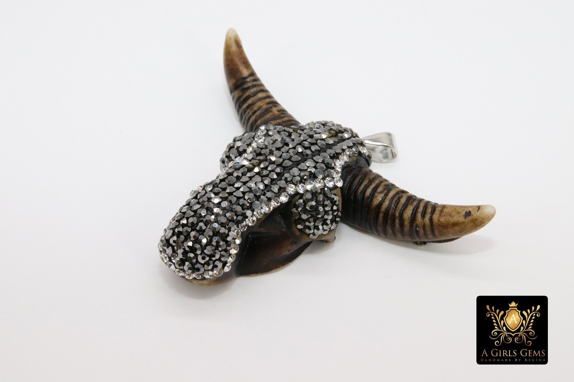 Cow Skull Pendant, CZ Pave Brown Bone Pendant CW16 - A Girls Gems