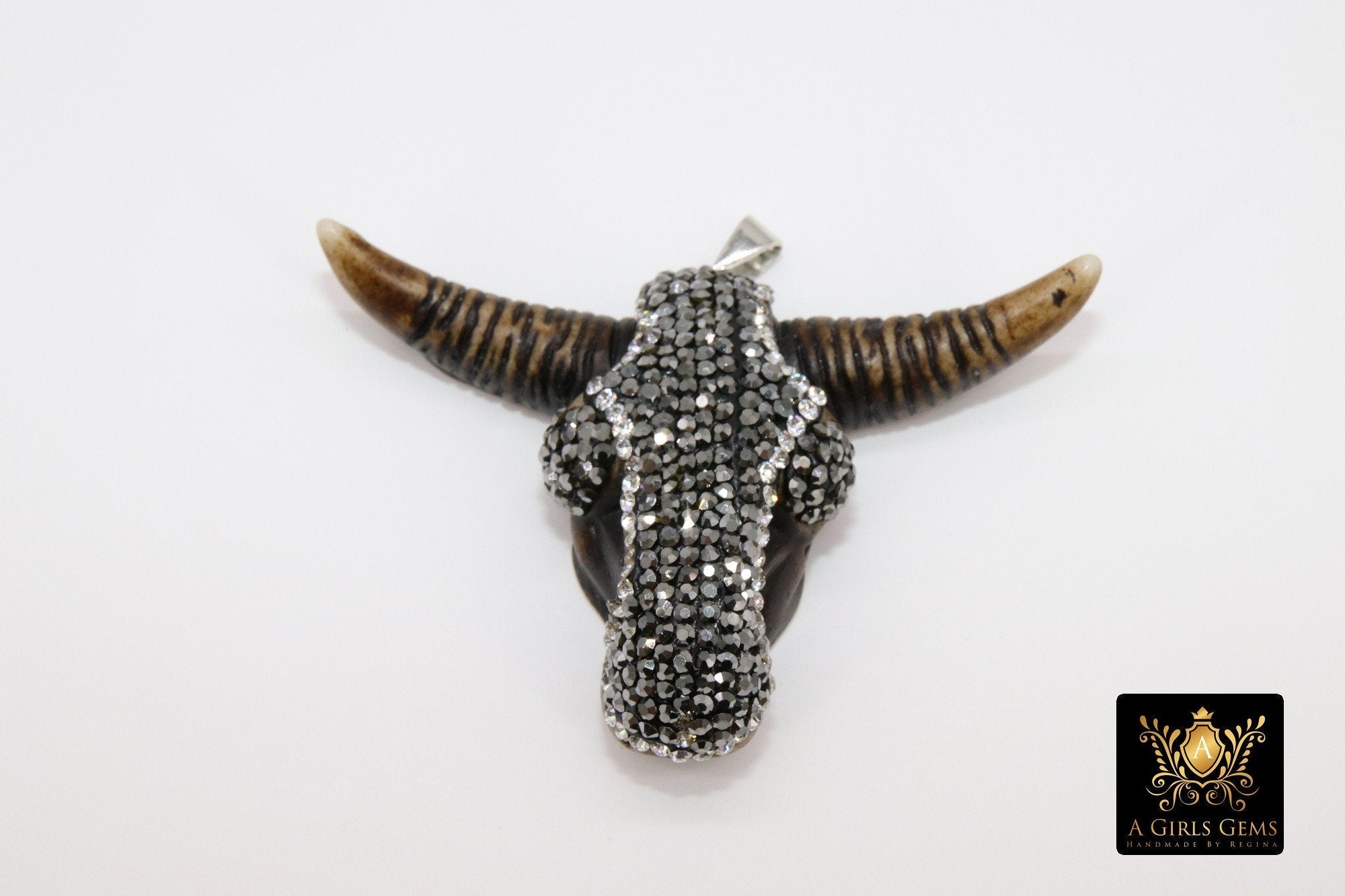 Cow Skull Pendant, CZ Pave Brown Bone Pendant CW16 - A Girls Gems