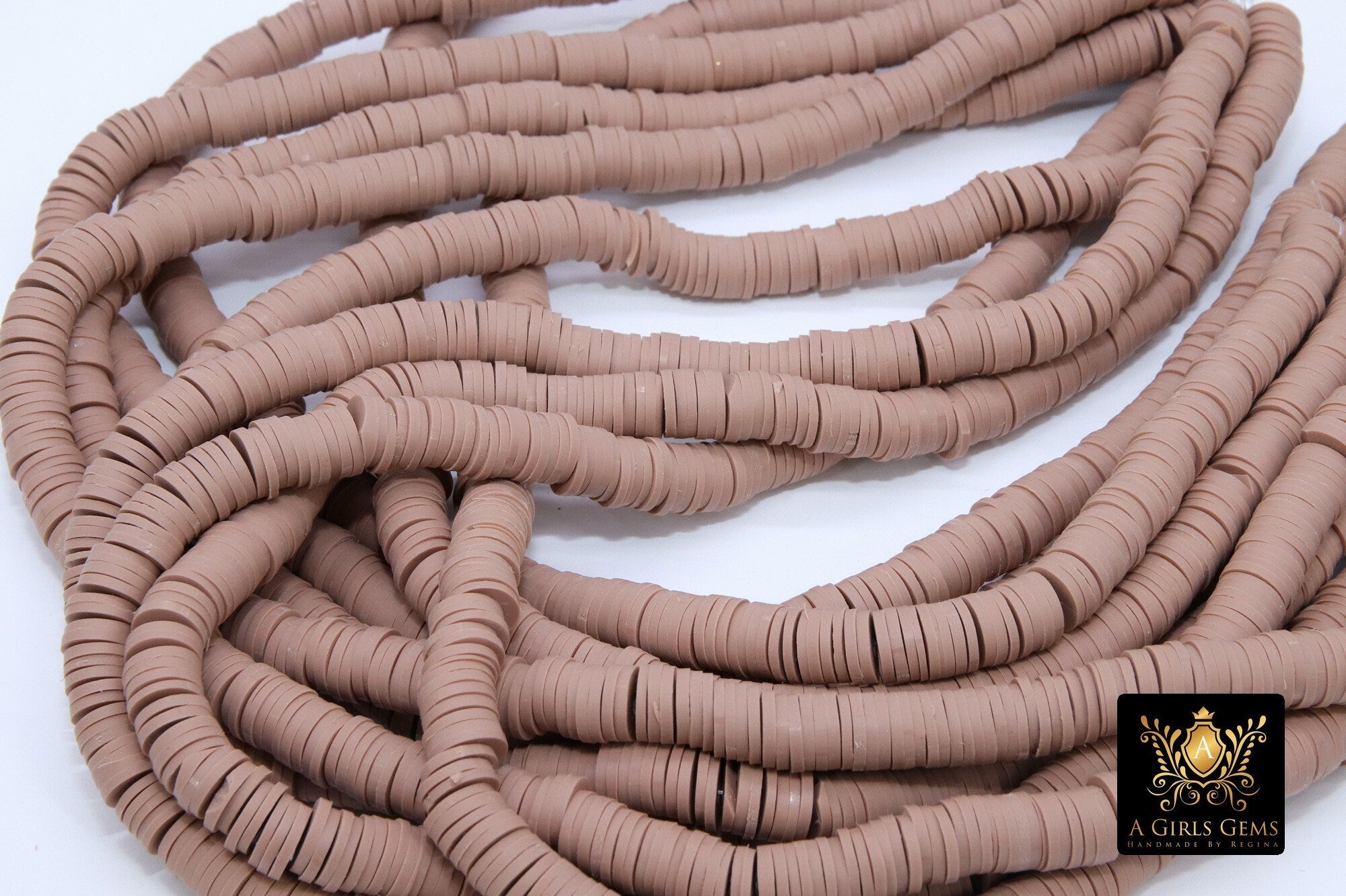 2 Strands 8 mm Clay Flat Beads, Dark Tan Heishi beads in Polymer Clay Disc CB #117, Tan Rondelle Multi Color, 17.75 inch Strands - A Girls Gems