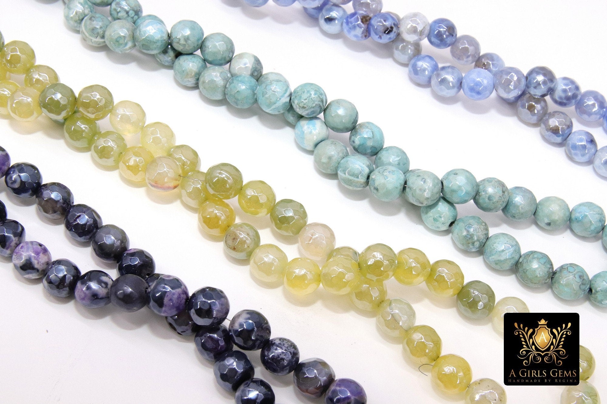 Natural Faceted Agate Beads, Electroplated Agate BS #221, Aqua, Blue and Yellow Lime, White Colorful Beads, sizes 8 mm 14 inch FULL Strands - A Girls Gems