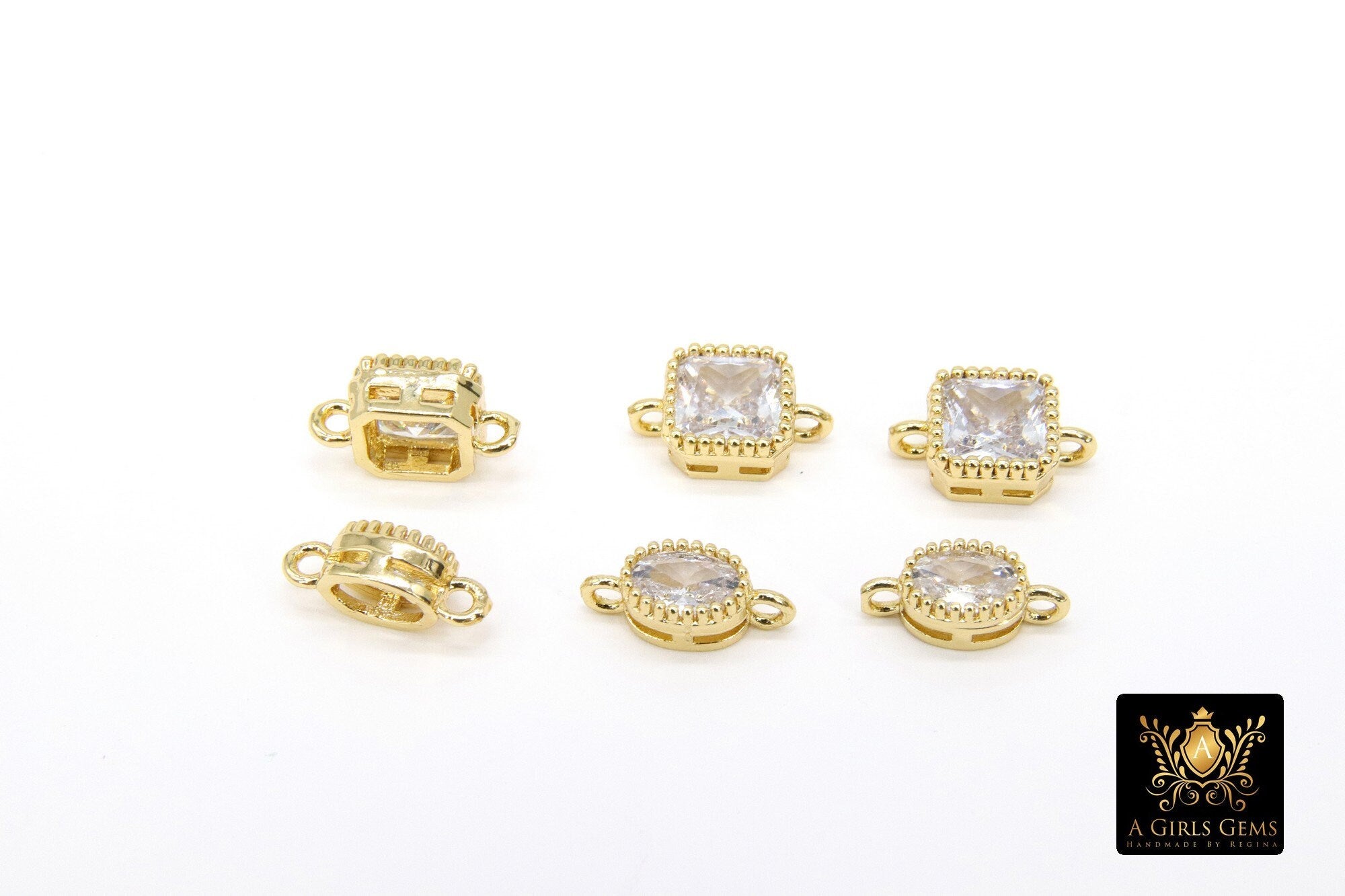 Gold CZ Square Connectors, Small Oval 2 Loop Links in Rectangles - A Girls Gems