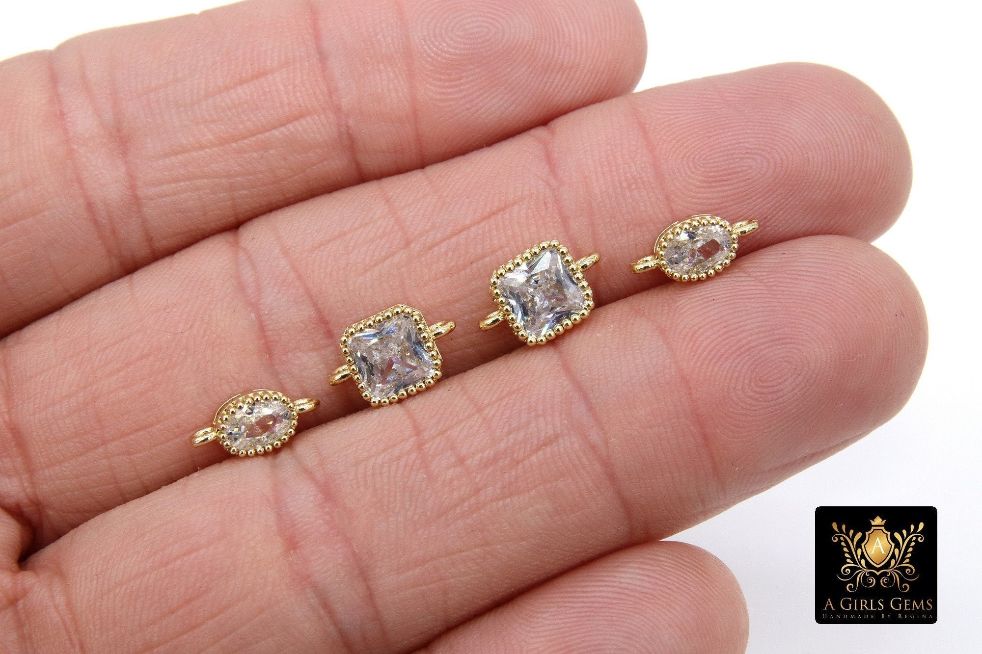 Gold CZ Square Connectors, Small Oval 2 Loop Links in Rectangles - A Girls Gems
