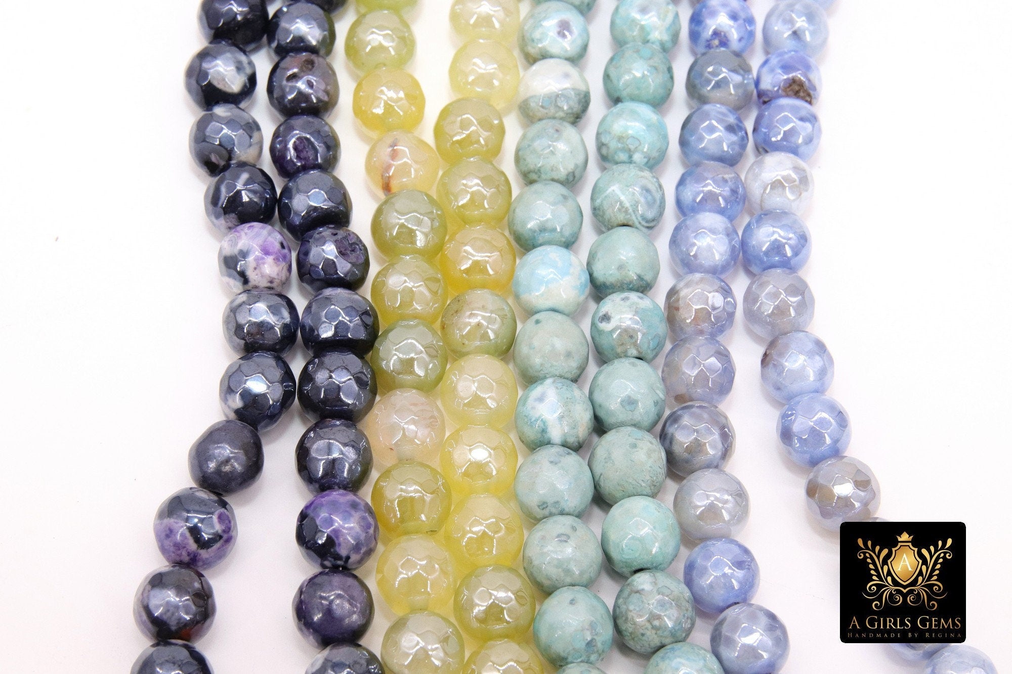 Natural Faceted Agate Beads, Electroplated Agate BS #221, Aqua, Blue and Yellow Lime, White Colorful Beads, sizes 8 mm 14 inch FULL Strands - A Girls Gems