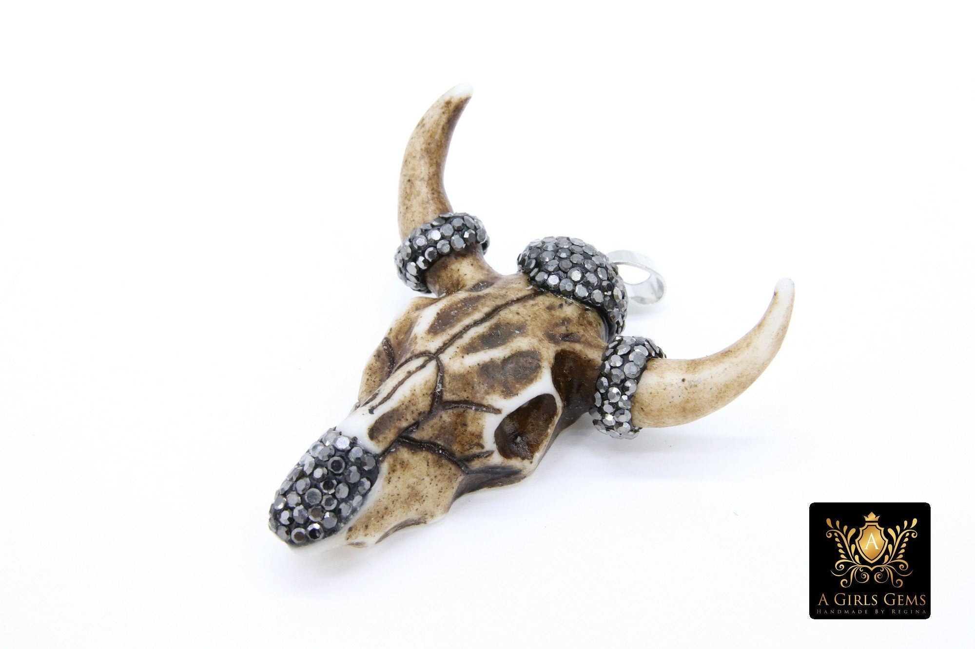 Beige Bone Cow Skull Pendant, Boho Brown and Black Stone Longhorn CW21 - A Girls Gems