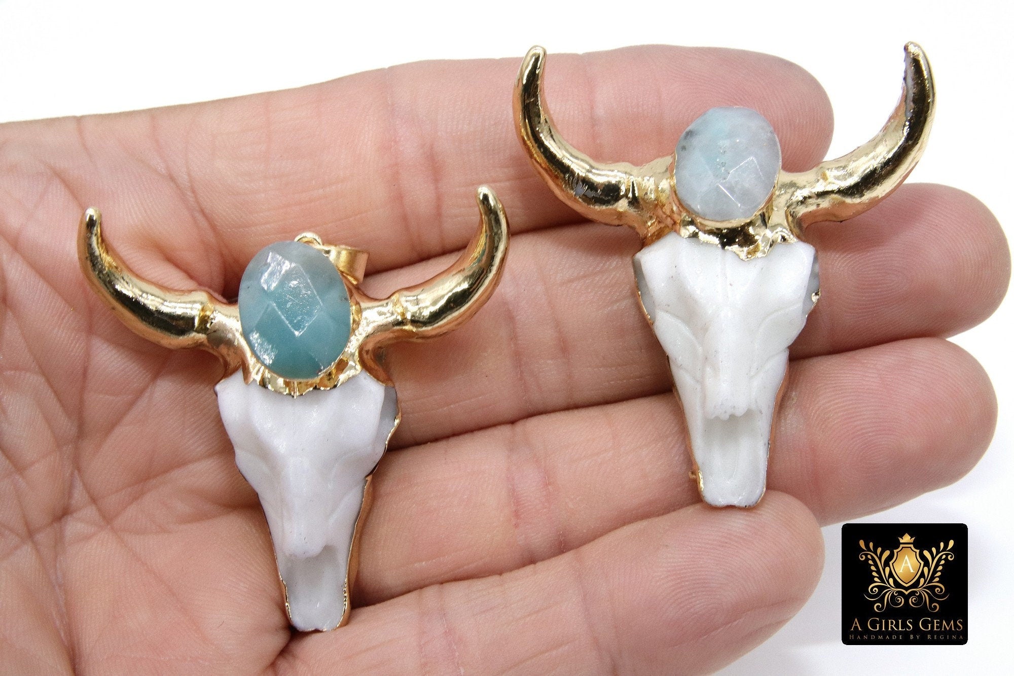 Natural Amazonite Gold Bone Cow Skull Pendant, Boho Longhorn Cattle CW22, Faceted Blue Stone
