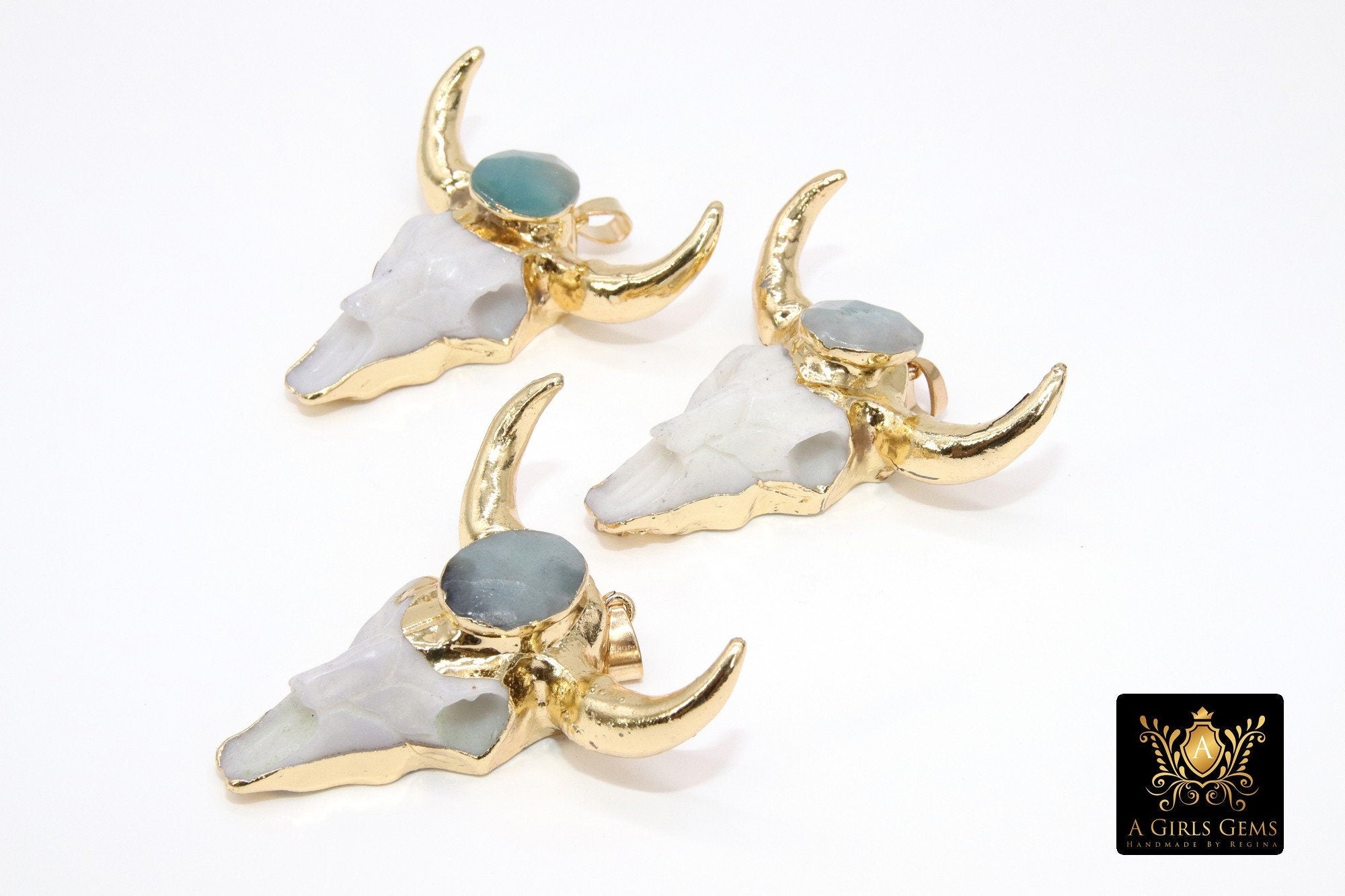 Natural Amazonite Gold Bone Cow Skull Pendant, Boho Longhorn Cattle CW22, Faceted Blue Stone