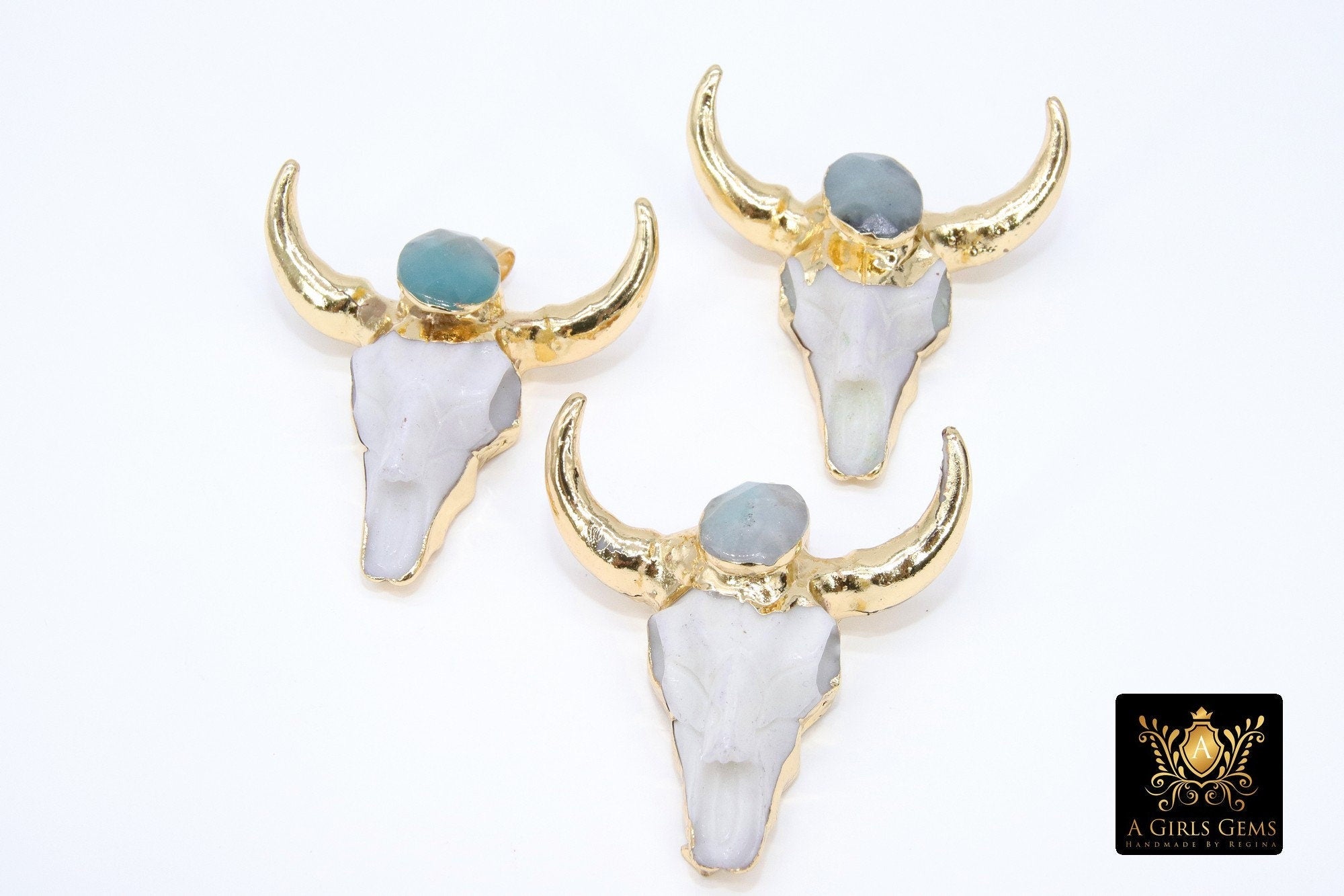 Natural Amazonite Gold Bone Cow Skull Pendant, Boho Longhorn Cattle CW22, Faceted Blue Stone