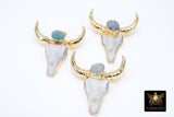 Natural Amazonite Gold Bone Cow Skull Pendant, Boho Longhorn Cattle CW22, Faceted Blue Stone