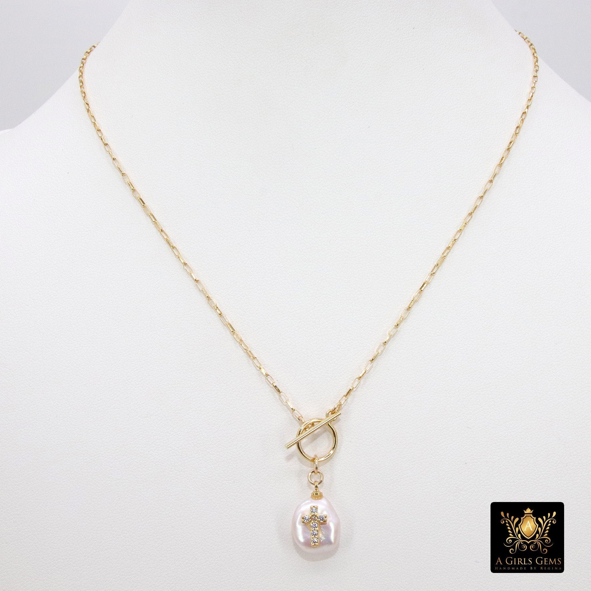 14 K Gold Pearl Cross Rolo Necklace, Gold Filled Toggle Front Wrap Choker - A Girls Gems