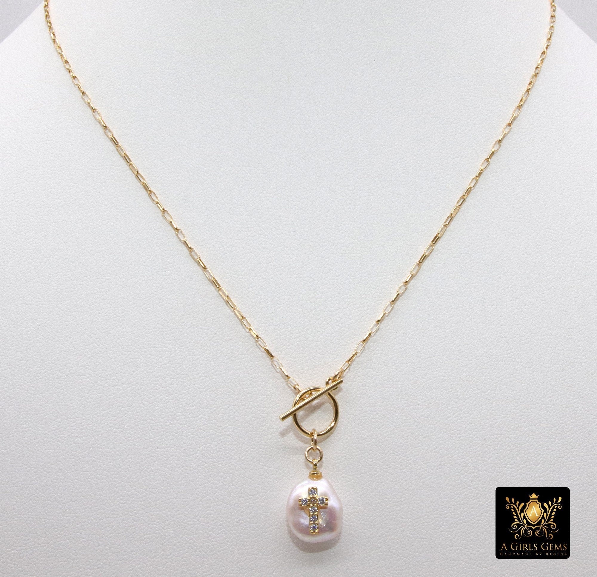 14 K Gold Pearl Cross Rolo Necklace, Gold Filled Toggle Front Wrap Choker - A Girls Gems