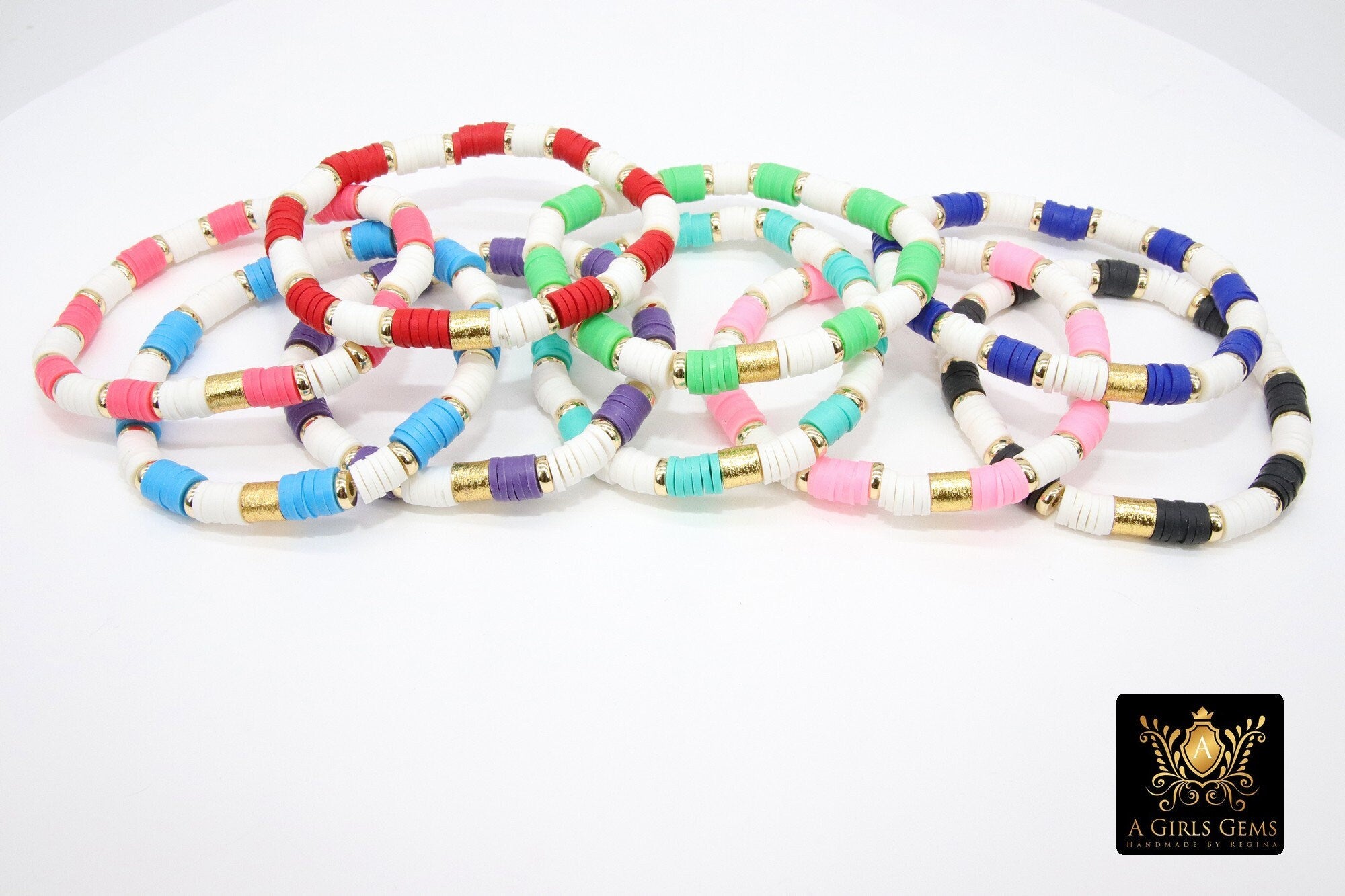 Gold Heishi Beaded Bracelet, White Gold Drum Stretchy Bracelet #795