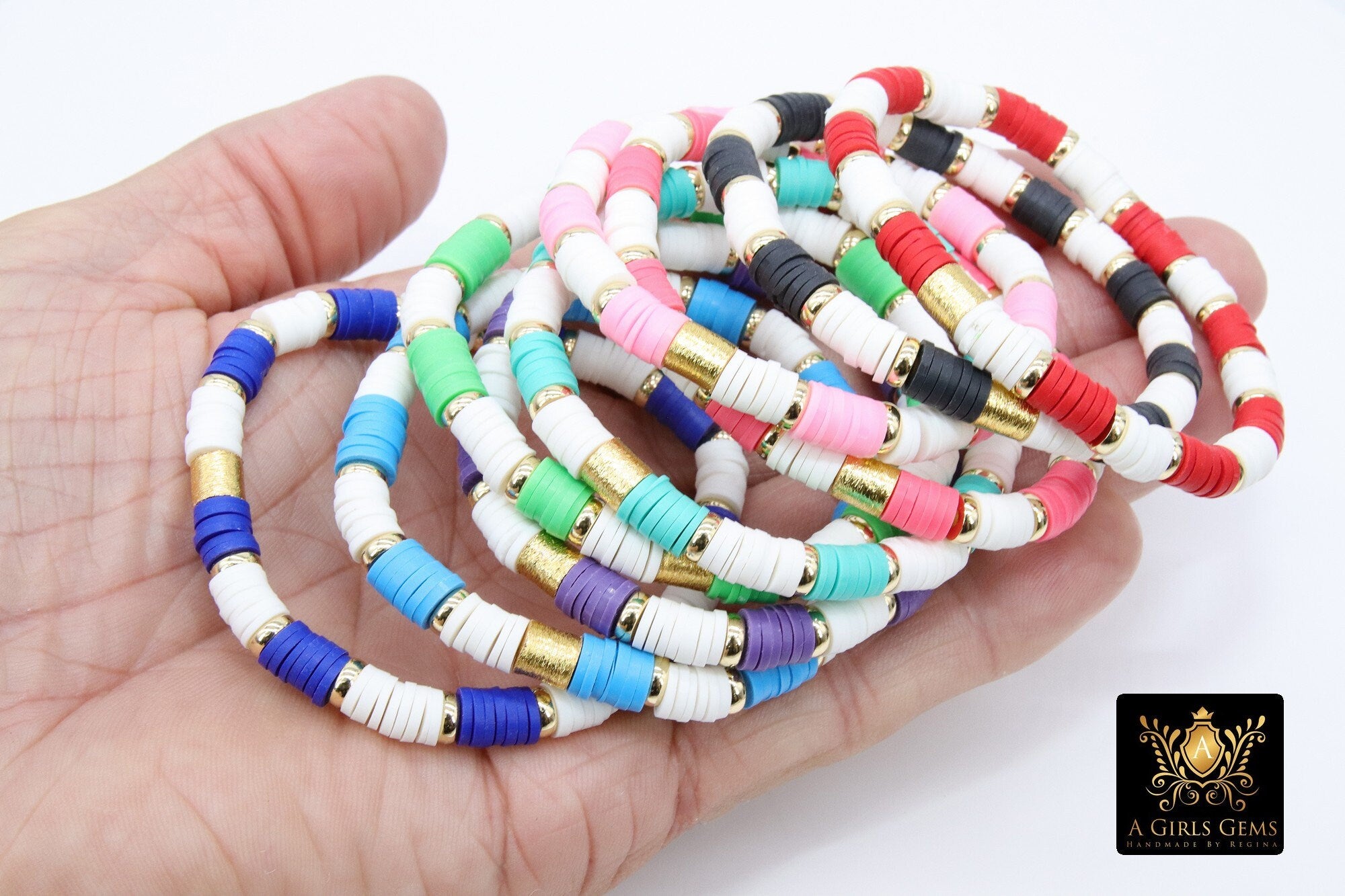 Gold Heishi Beaded Bracelet, White Gold Drum Stretchy Bracelet #795