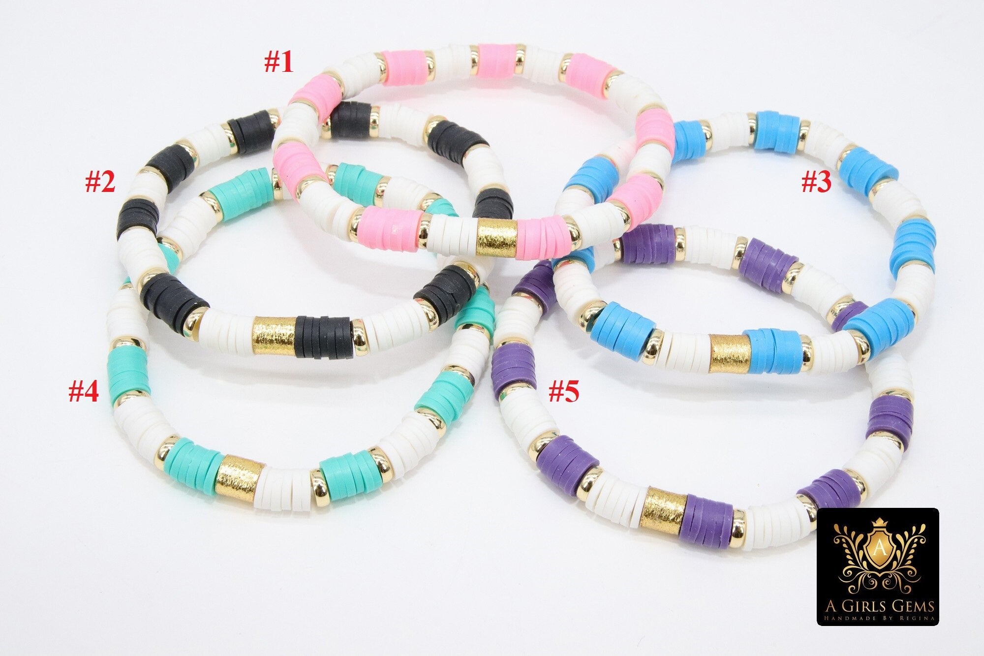 Gold Heishi Beaded Bracelet, White Gold Drum Stretchy Bracelet #795