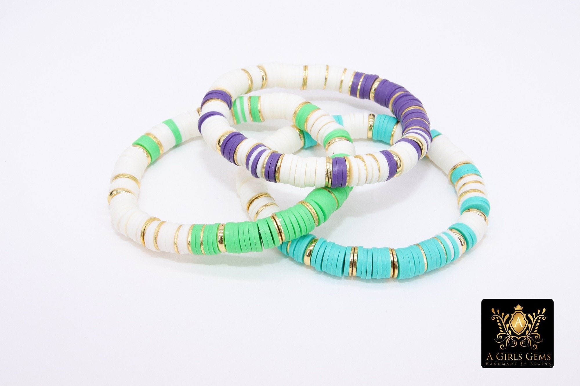 Heishi Beaded Bracelet, White Gold Multi Color, 6 or 8 mm Stretchy Bracelet #698