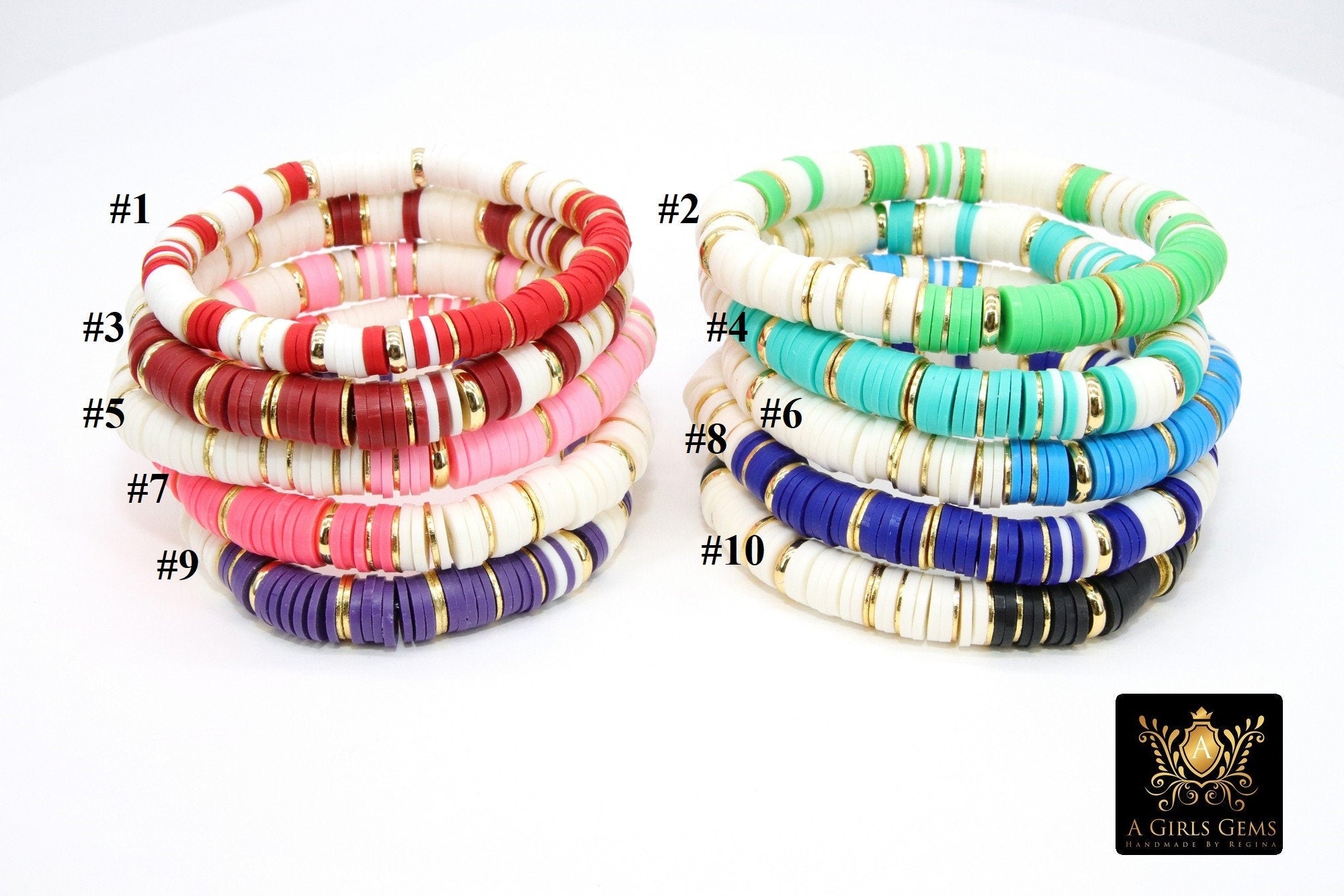 Heishi Beaded Bracelet, White Gold Multi Color, 6 or 8 mm Stretchy Bracelet #698