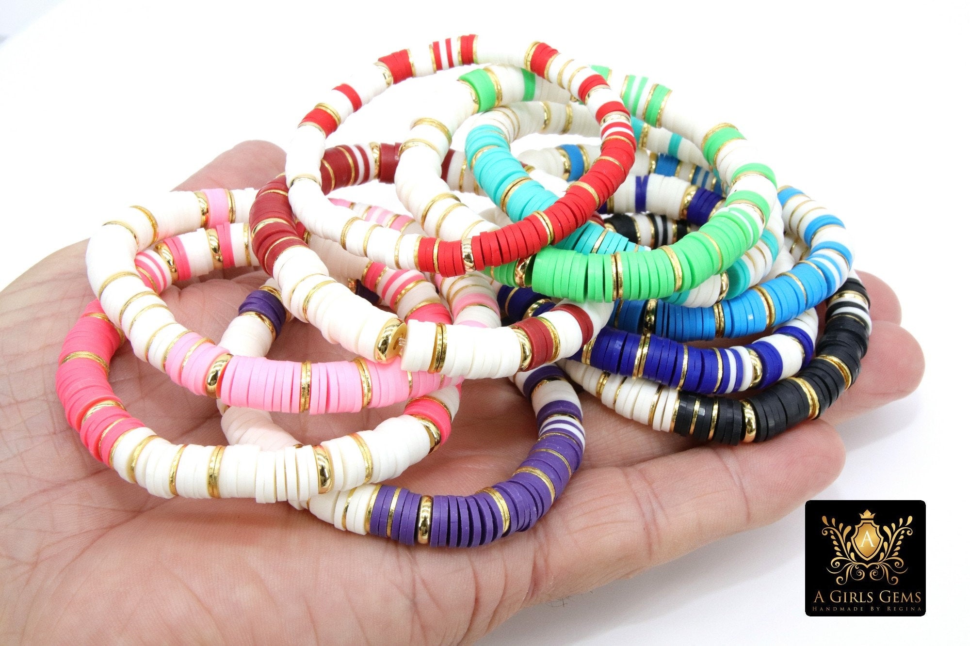 Gold Heishi Beaded Bracelet, White Gold Drum Stretchy Bracelet #795
