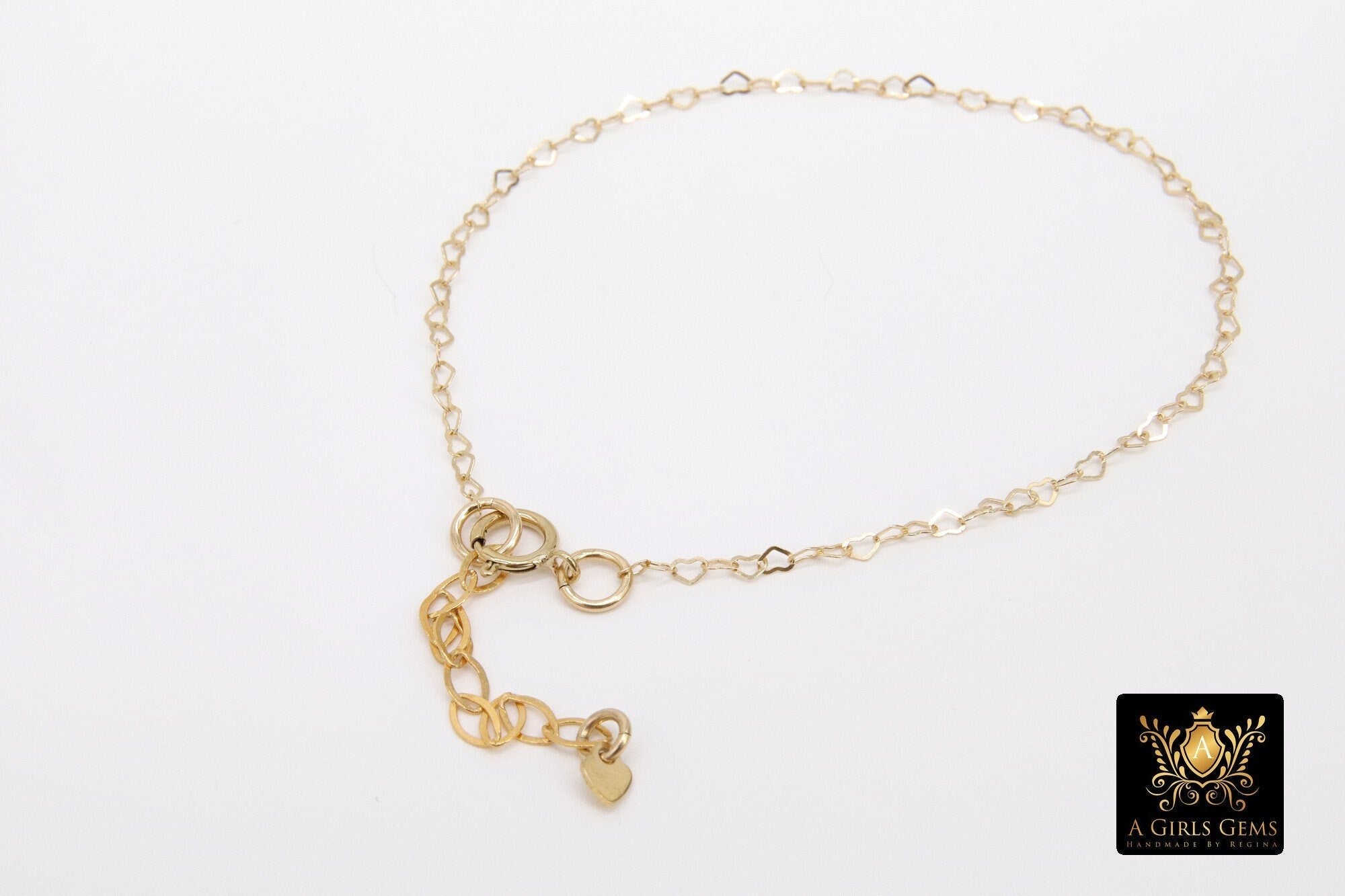 14 K Gold Filled Heart Bracelet, Dainty Gold Adjustable Anklet, Heart Shaped Link Cable Chain