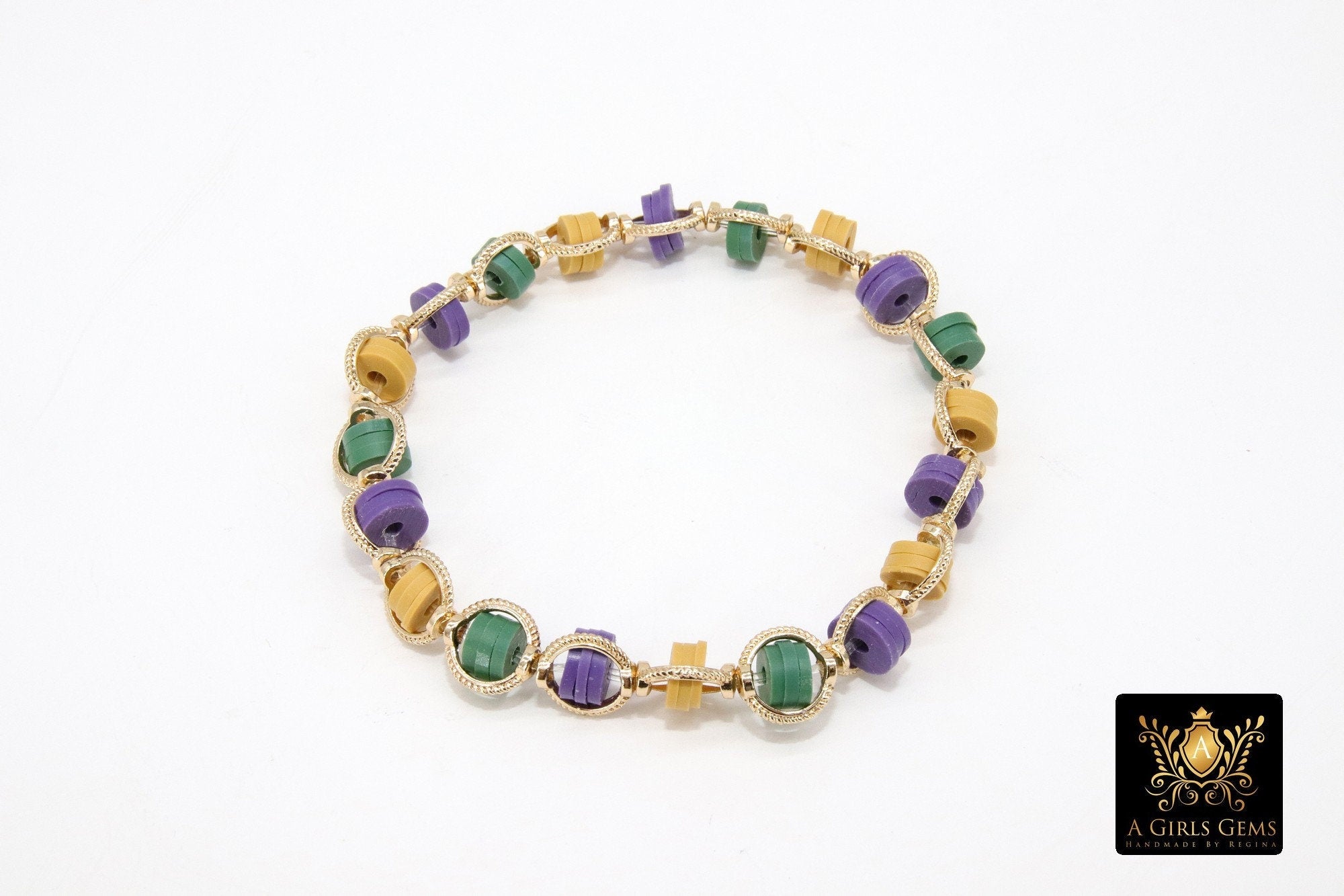 Mardi Gras Heishi Beaded Bracelet, 6 mm Purple Green Gold Saturn Stretchy Bracelet #795, New Orleans Clay Beaded Bracelets
