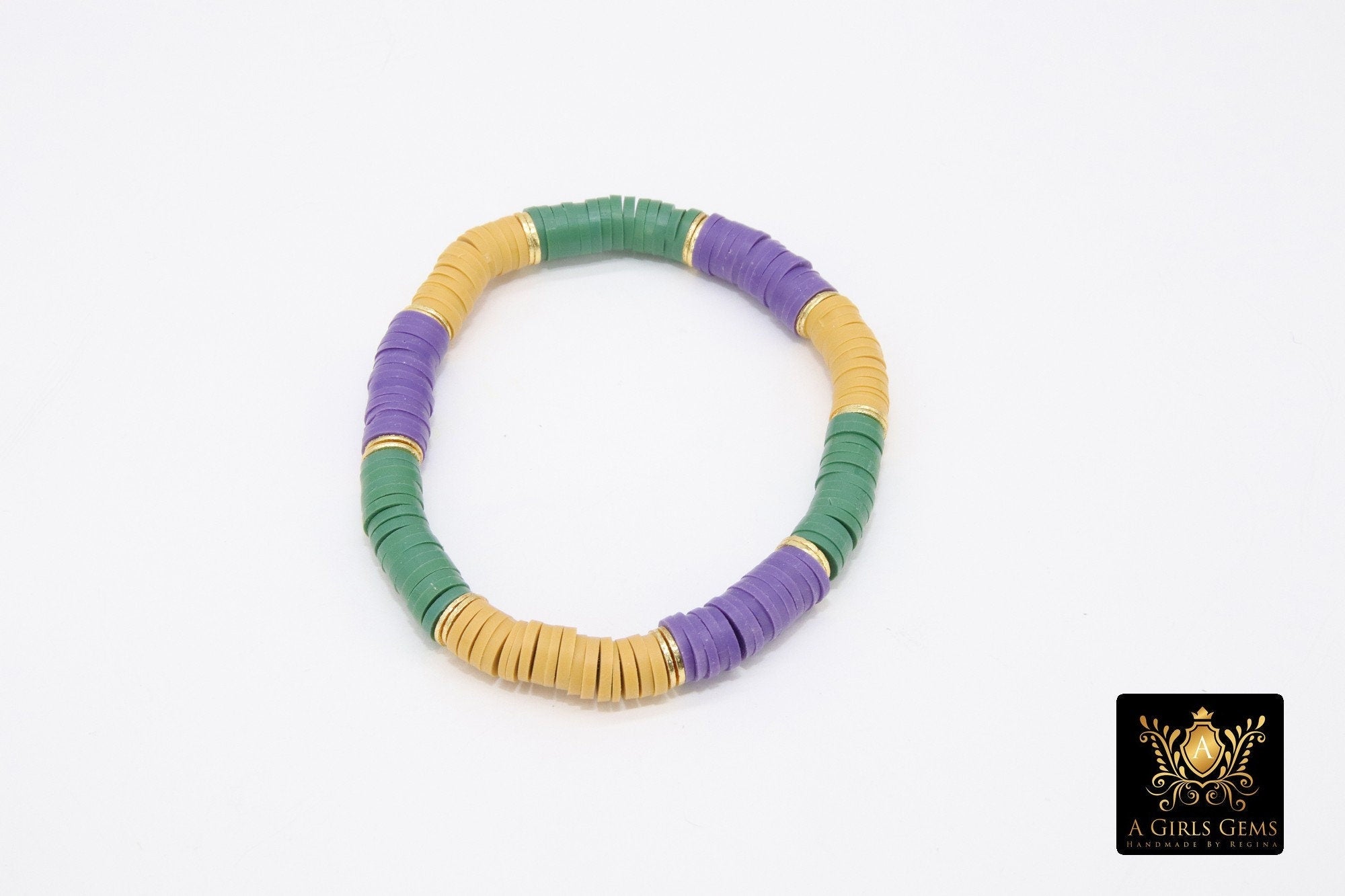 Mardi Gras Heishi Beaded Bracelet, 6 mm Purple Green Gold Saturn Stretchy Bracelet #795, New Orleans Clay Beaded Bracelets