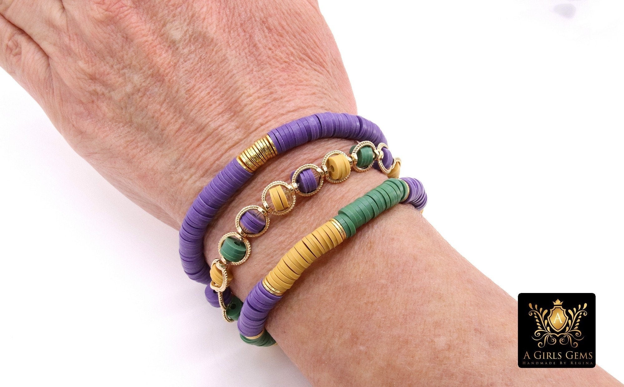 Mardi Gras Heishi Beaded Bracelet, 6 mm Purple Green Gold Saturn Stretchy Bracelet #795, New Orleans Clay Beaded Bracelets