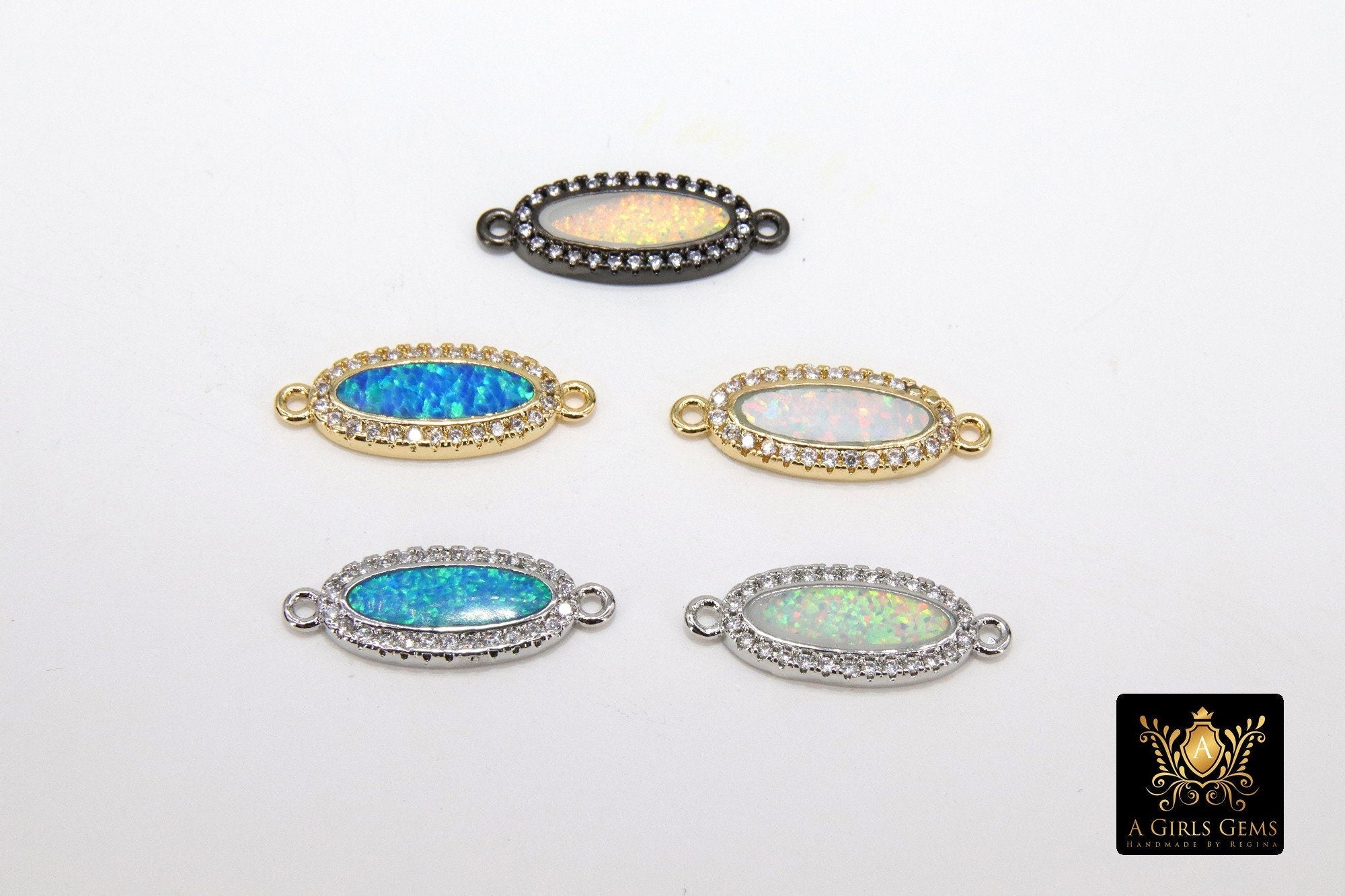 Opal CZ Pave Bar Oval Connectors, Gold Blue Opal Links, Black and Silver Plated Cubic Zirconia Bracelet Bars