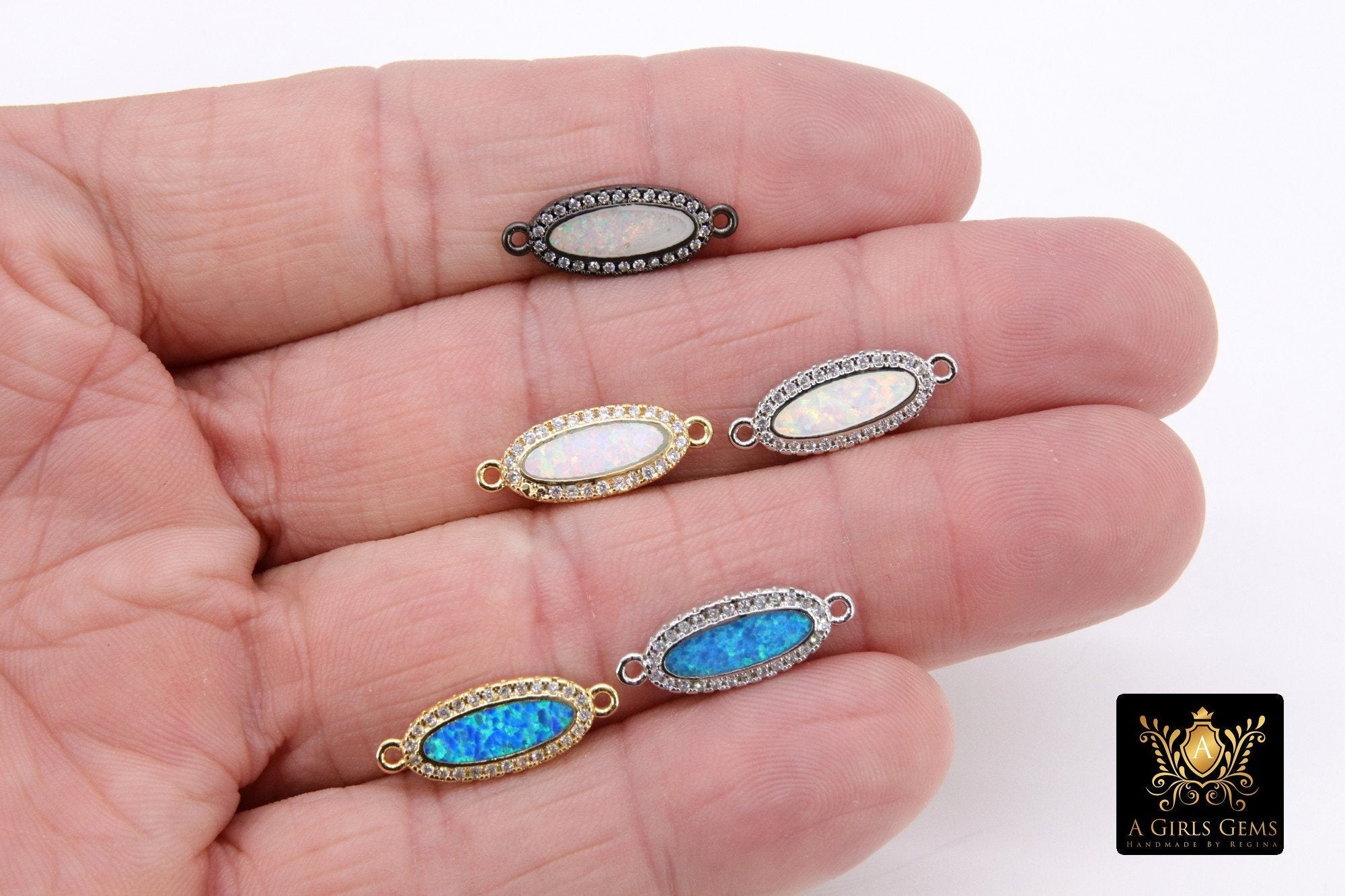 Opal CZ Pave Bar Oval Connectors, Gold Blue Opal Links, Black and Silver Plated Cubic Zirconia Bracelet Bars