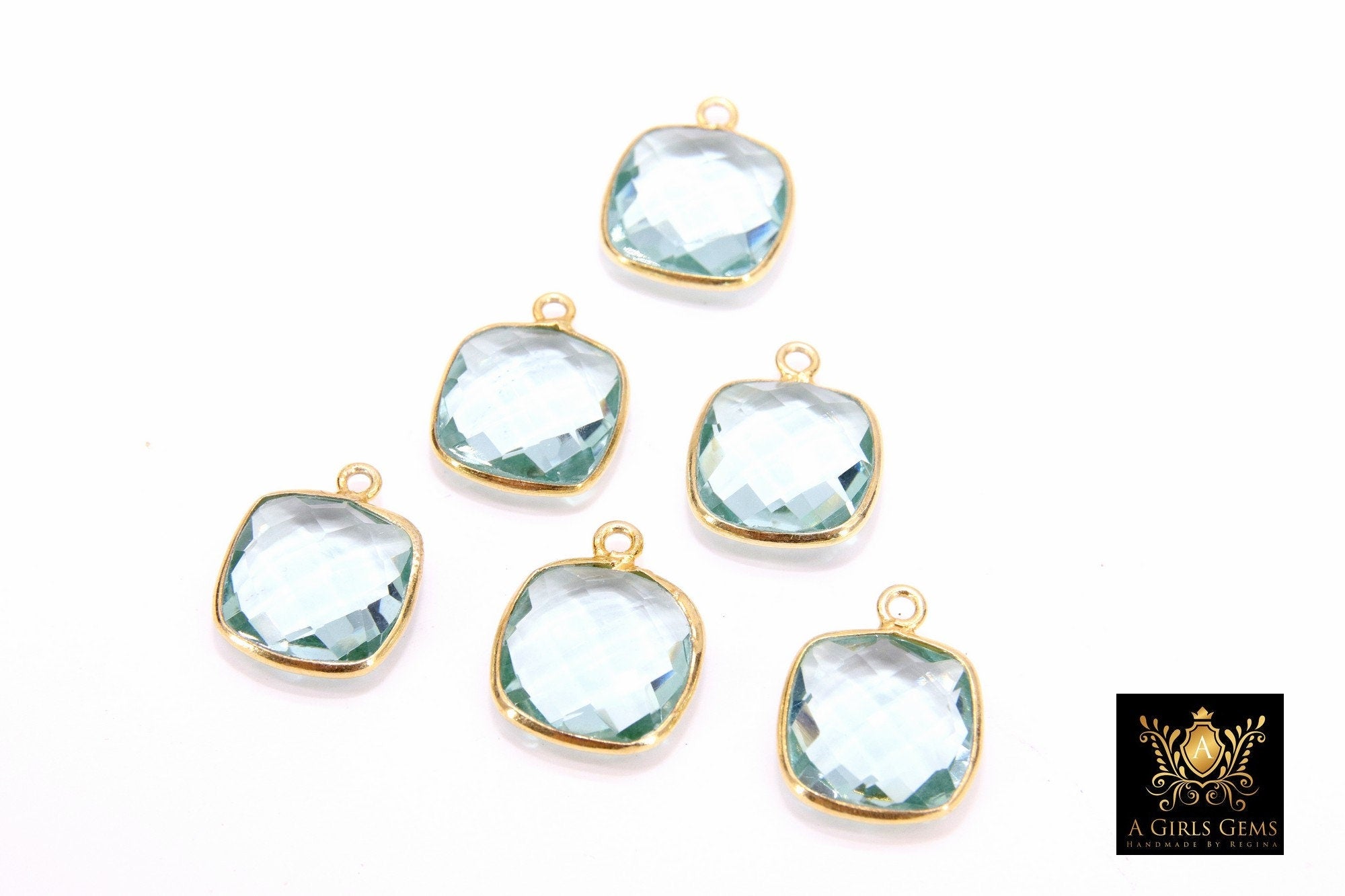 Blue Topaz Square Charms, 12 mm Gold Gemstone Charms #2993, Sterling Silver