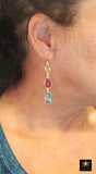 Blue Topaz and Green Amethyst Earrings, 14 K Gold Filled Ear Wire Hooks, Long Pink Tourmaline Gemstone Dangle Earrings