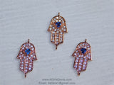 Turquoise Hamsa Hand Charm - Hamsa Hand Connector Bead, CZ Micro Pave Rose Gold Plated with Sapphire CZ, Protection Jewelry Making