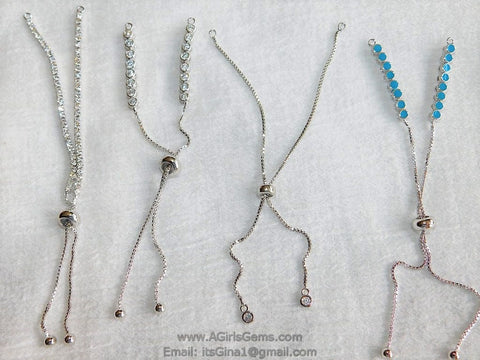 Half Finished Adjustable Bracelets, Silver Plated Adjustable Unfinished Chain Bracelets #543, CZ Turquoise Blue Bracelets Slide Stopper Bead