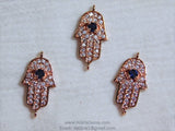 Turquoise Hamsa Hand Charm - Hamsa Hand Connector Bead, CZ Micro Pave Rose Gold Plated with Sapphire CZ, Protection Jewelry Making