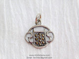 Pave Filigree Purse Longevity Lock Shield 925 Sterling Silver Marcasite Pendant Charm Dangle Sterling Silver Micro Pave Charm Bracelet