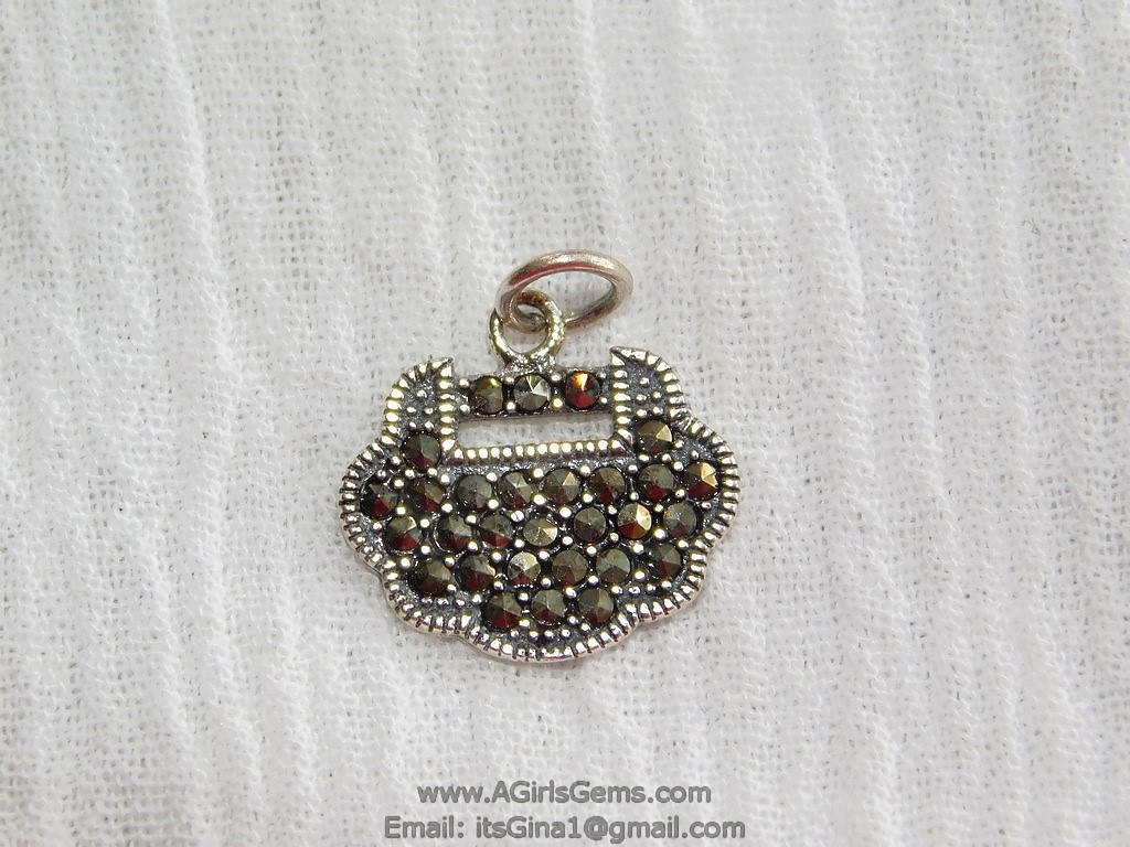 Micro Pave Purse Charms, 925 Sterling Silver Paved Marcasite Longevity Lock Pendant, Black Charm Dangle