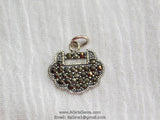 Micro Pave Purse Charms, 925 Sterling Silver Paved Marcasite Longevity Lock Pendant # 2063, Black Shield Charm Dangle