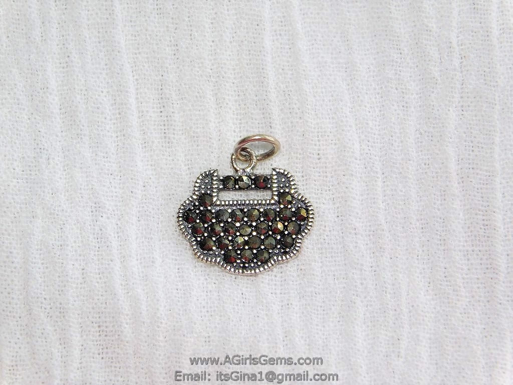 Micro Pave Purse Charms, 925 Sterling Silver Paved Marcasite Longevity Lock Pendant, Black Charm Dangle