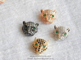 CZ Micro Pave Tiger Head Bead Charm, Leopard Cat Head Beads 10 mm x 12 mm, Rose Gold Silver Black Plated CZ Animal Head Bead