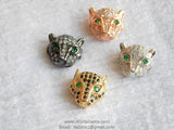 CZ Micro Pave Tiger Head Bead Charm, Leopard Cat Head Beads 10 mm x 12 mm, Rose Gold Silver Black Plated CZ Animal Head Bead