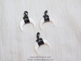 White Double Horn Pendant, Gunmetal Black Wire Wrapped Mini Crescent Moon Charms, Natural Shell Boho Pendant DIY Jewelry Supplies