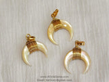 Crescent Moon Charms, Soft Yellow Natural Shell Mini Double Horn Charms #940, 20 mm Gold Wire Horn Boho Pendant DIY Jewelry