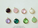 Gold Round Charm Beads, 2 Pcs Charms in Green Rose Pink, Crystal Pink