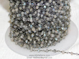 4 mm Natural Labradorite Beaded Chain, Gunmetal Black Wire Wrapped CH# 338, Beaded Genuine Labradorite Beads - 1 foot / GOLD Wire Wrapped