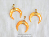 Double Horn Pendant, Crescent Moon Charms, Yellow Shell Medium Pendant/40 mm Gold Wire - Boho Tribal Pendant DIY Jewelry Supplies