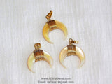 Crescent Moon Charms, Soft Yellow Natural Shell Mini Double Horn Charms, 20 mm Gold Wire Horn Boho Pendant DIY Jewelry