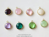 Gold Round Charm Beads, 2 Pcs Charms in Green Rose Pink, Crystal Pink