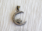 CZ Pave Moon Star, Pendant Connector # 27, Bead Gunmetal Black Plated Cubic Zirconia Star Pendant Bracelet Necklace