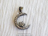 CZ Pave Moon Star, Pendant Connector #27,  Bead Gunmetal Black Plated Cubic Zirconia Star Pendant Bracelet Necklace