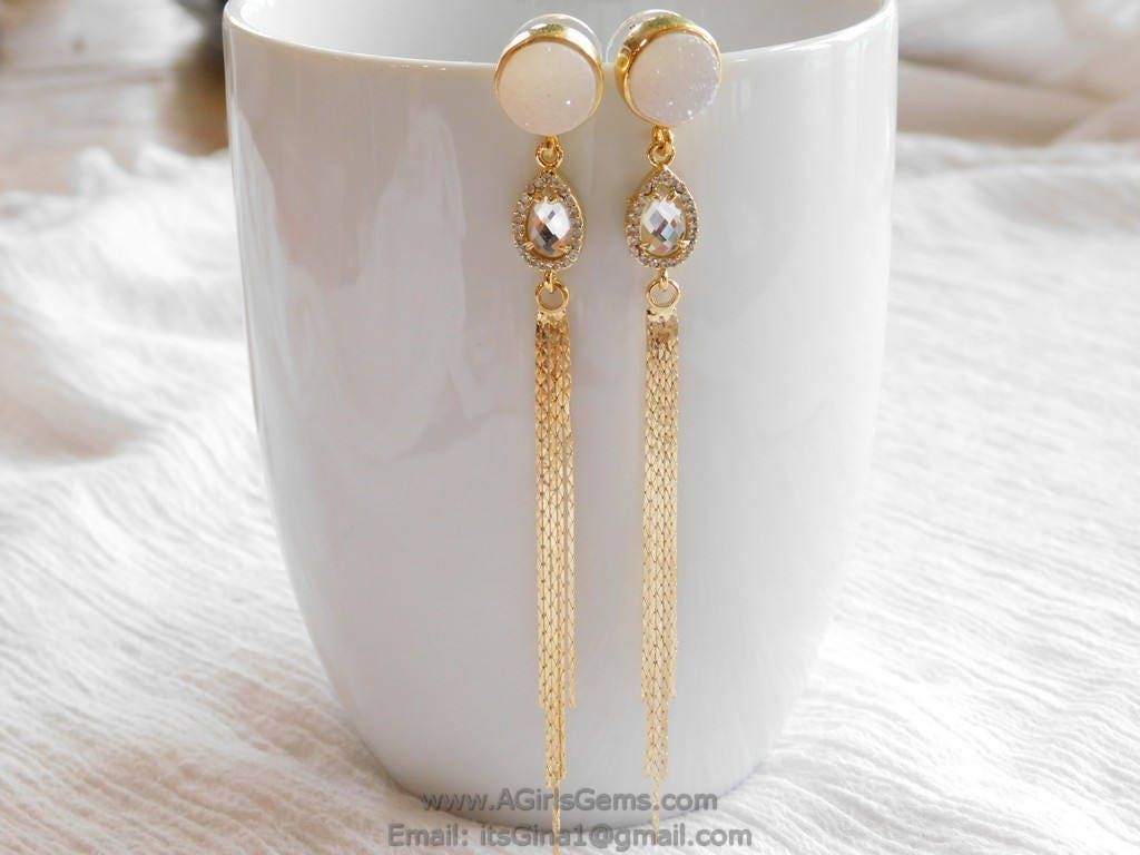 CZ Amethyst Gold Tassel Dangle Earrings CZ March Birthstone Teardrop Earrings Gold Plated Tassel Earrings