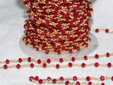 Ruby Red Chain, Gunmetal Black Wire Wrapped 4 mm Beaded Cranberry Red Chains CH# 428, Jewelry Making Rosary Roll Bulk Ships from USA