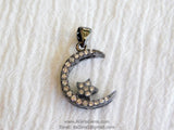 CZ Pave Moon Star, Pendant Connector # 27, Bead Gunmetal Black Plated Cubic Zirconia Star Pendant Bracelet Necklace