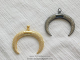 CZ Double Horn Pendant, Crescent Moon Charms #719, Gold Pave Cubic Zirconia